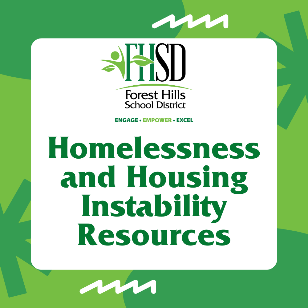 Graphic with the FHSD logo that says "homelessness and housing instability resources"